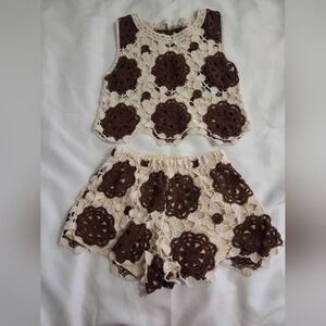Brown and Cream Crochet Top and Shorts Set